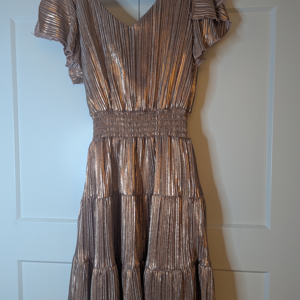 Honey and Rosie Gold Flutter Sleeve Midi Dress
